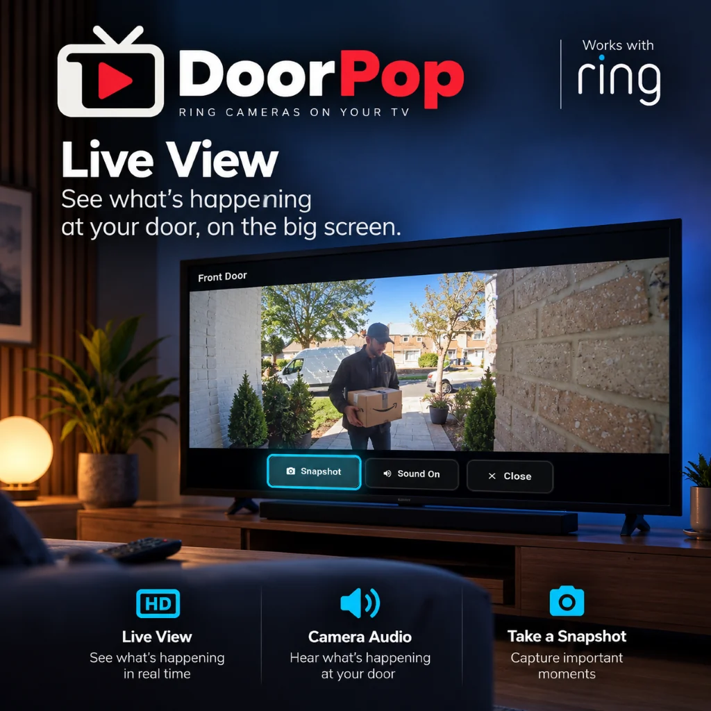 Supplied DoorPop Android TV Live View promotional artwork showing a visitor at the door