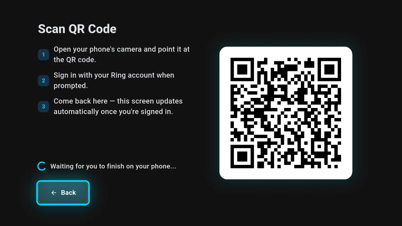 Android TV Ring pairing screen with instructions to scan the QR code using a phone