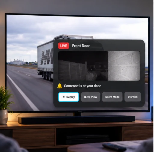 DoorPop Android TV popup showing front-door Ring activity over television content, with a Live View shortcut